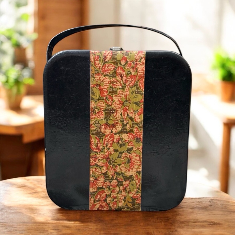Vintage Hat Box Train Case Suitcase Luggage Carry On Black Floral w/Key